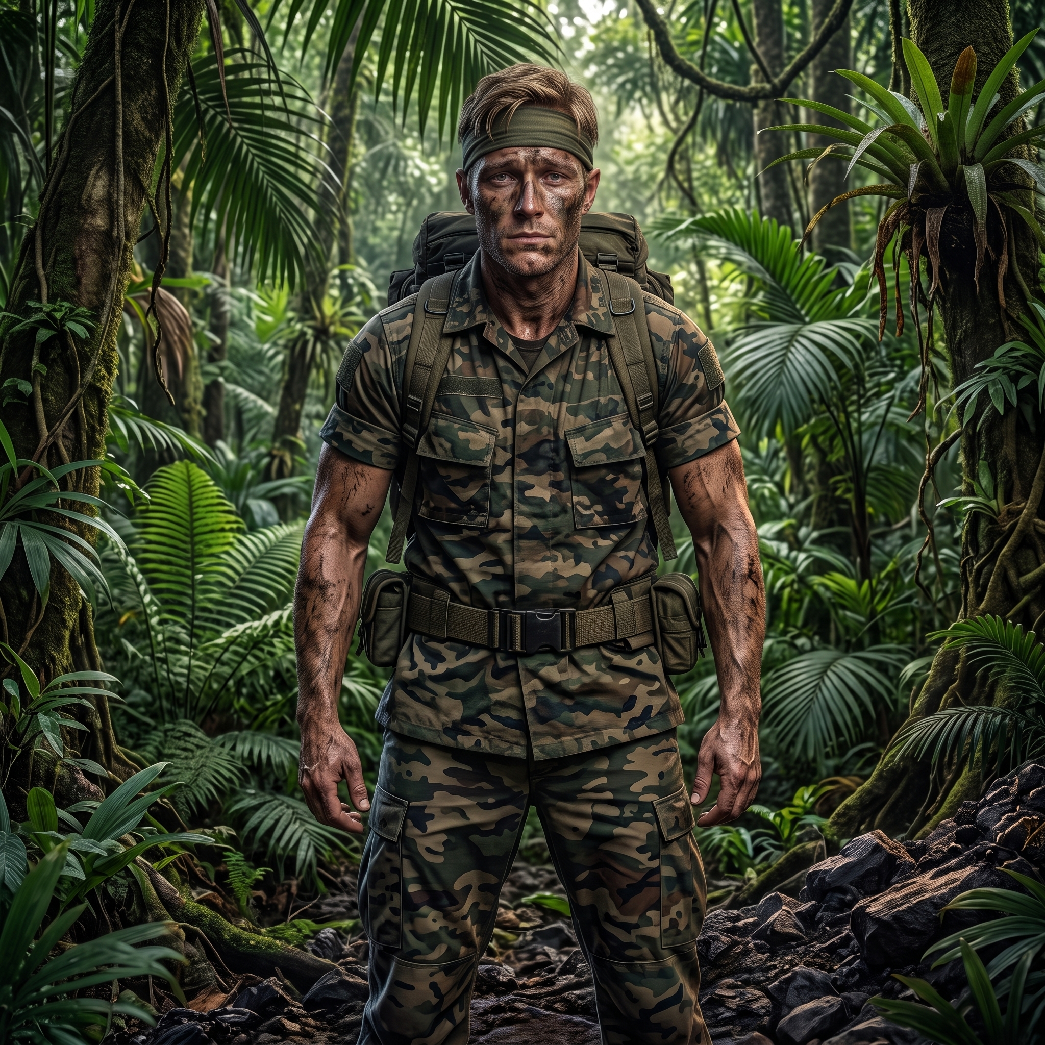 Steph Austin in jungle camouflage and face paint, standing on a jungle trail
